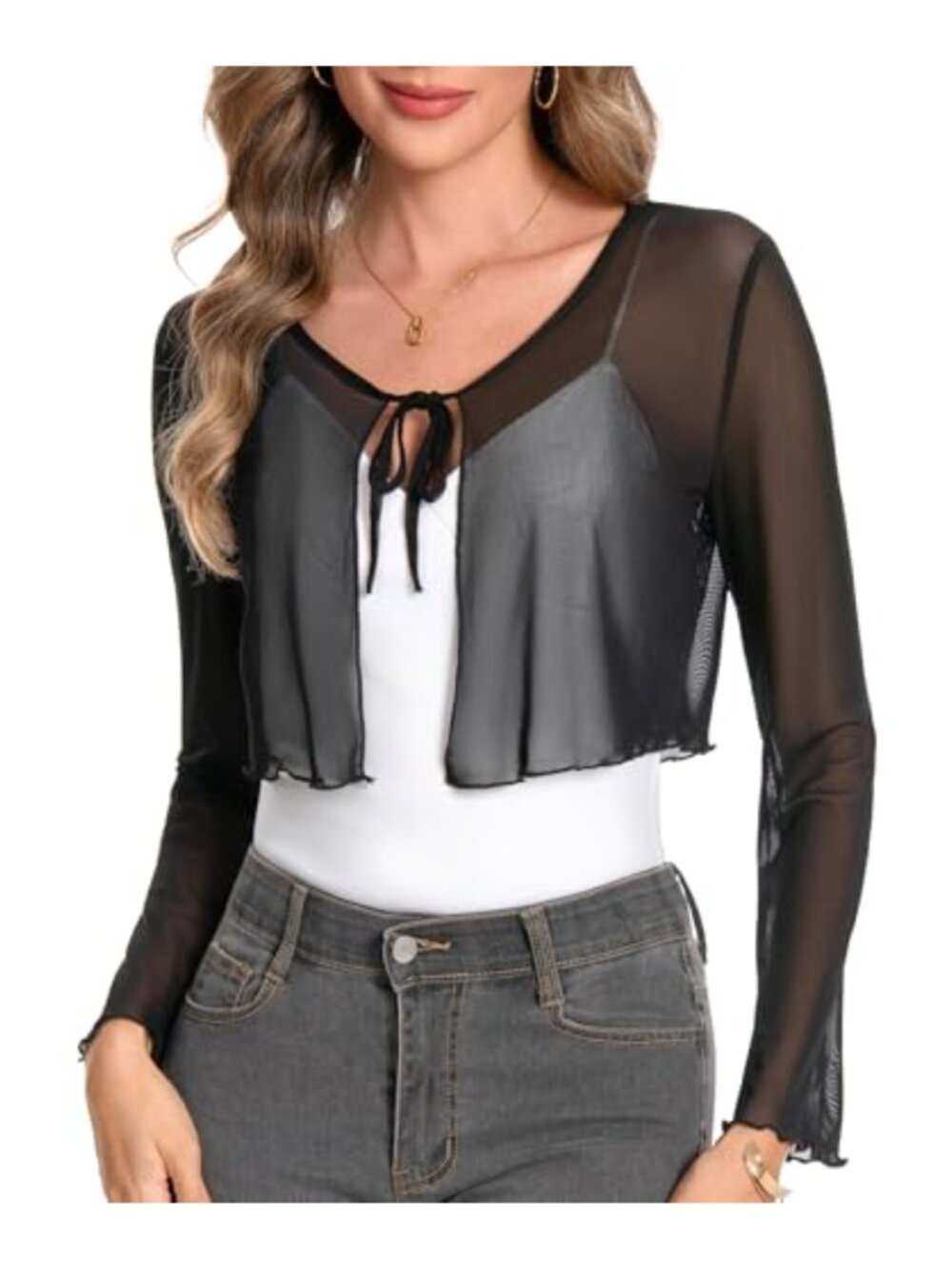 Sheer Bolero Cardigan Long Bell Sleeve Shrug for Women Mesh Cover Up